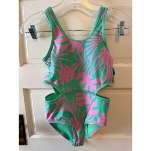 DSG Kids Girls One Piece Swimsuit Tropical Palm Leaf‎ Cutout Teal Pink Size M